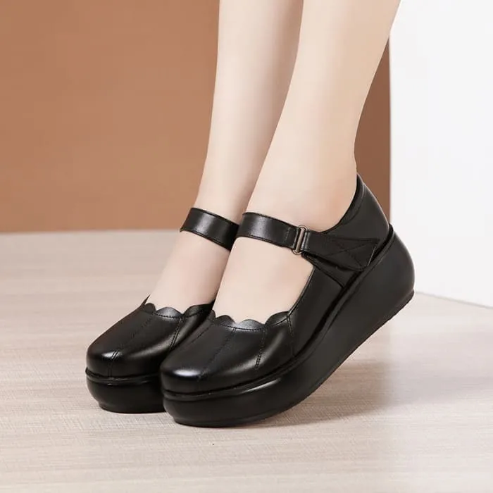 Round Toe Thick Bottom Women Leather Shoes