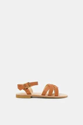 Senior Girls Brown Plain Crossover Strap Sandal