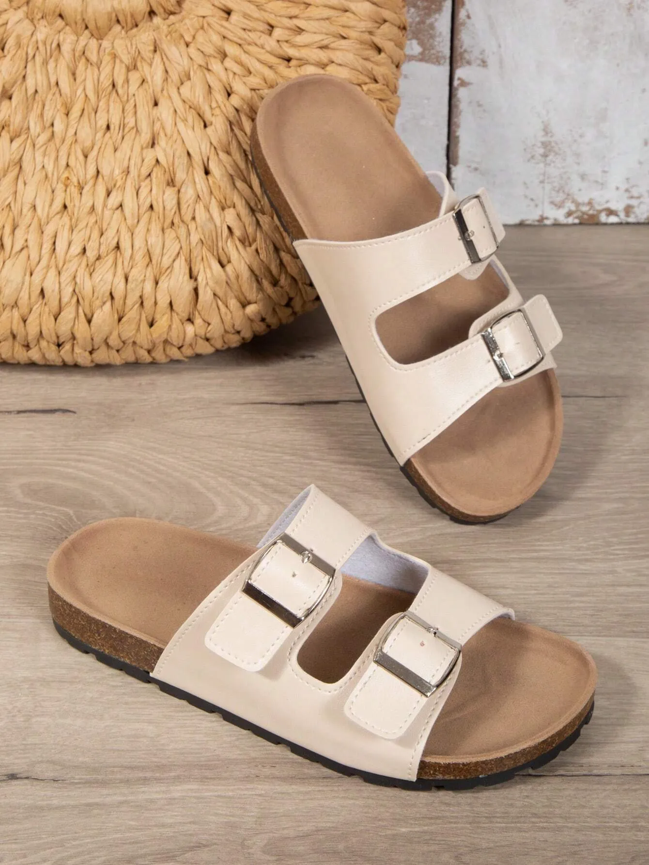 SHEIN Women Buckle Decor Flat Sandals, Cool Beige Footbed Sandals