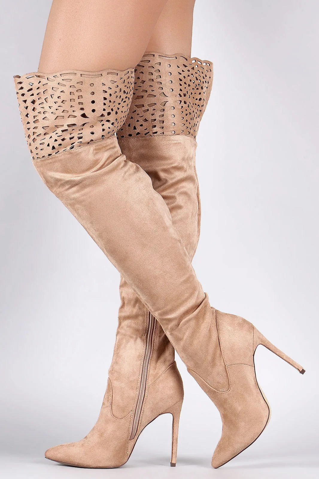 Suede Laser Cutout Over-The-Knee Stiletto Boots