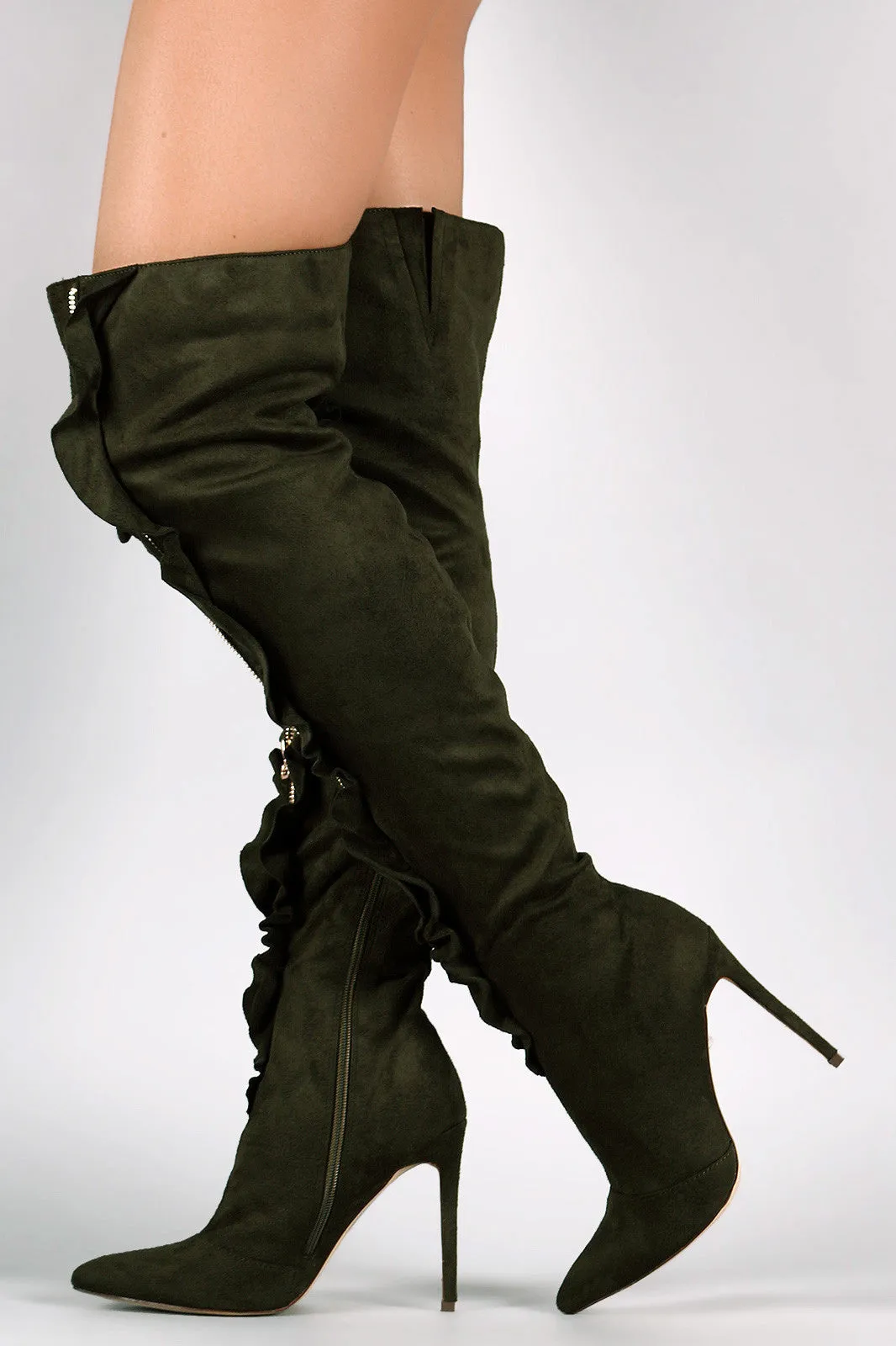 Suede Ruffle and Zipper Pointy Toe Stiletto Heel Boots