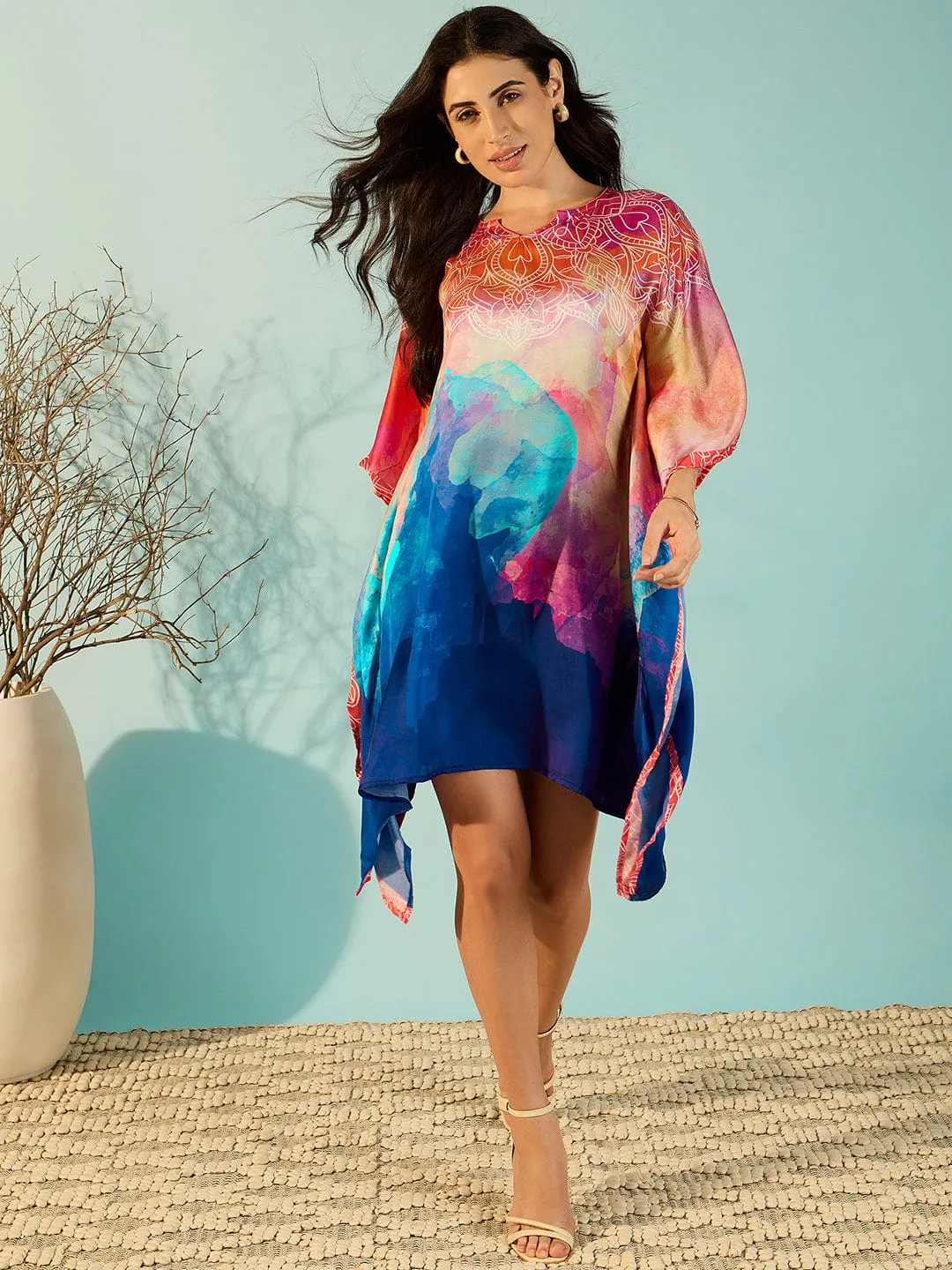 Women Abstract Luminous Glamorous Satin Day Kaftan Dress