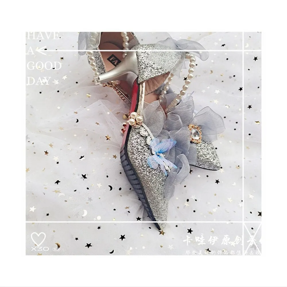 xiangtuibao Kawaii Girl Tea Party Pointed Sandals Mid Heel Victoria Lolita Shoes Elegant Woman Pearl Chain Lace Bowknot Cosplay Lolita Shoes