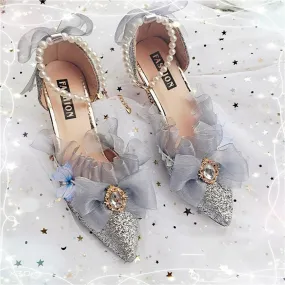 xiangtuibao Kawaii Girl Tea Party Pointed Sandals Mid Heel Victoria Lolita Shoes Elegant Woman Pearl Chain Lace Bowknot Cosplay Lolita Shoes