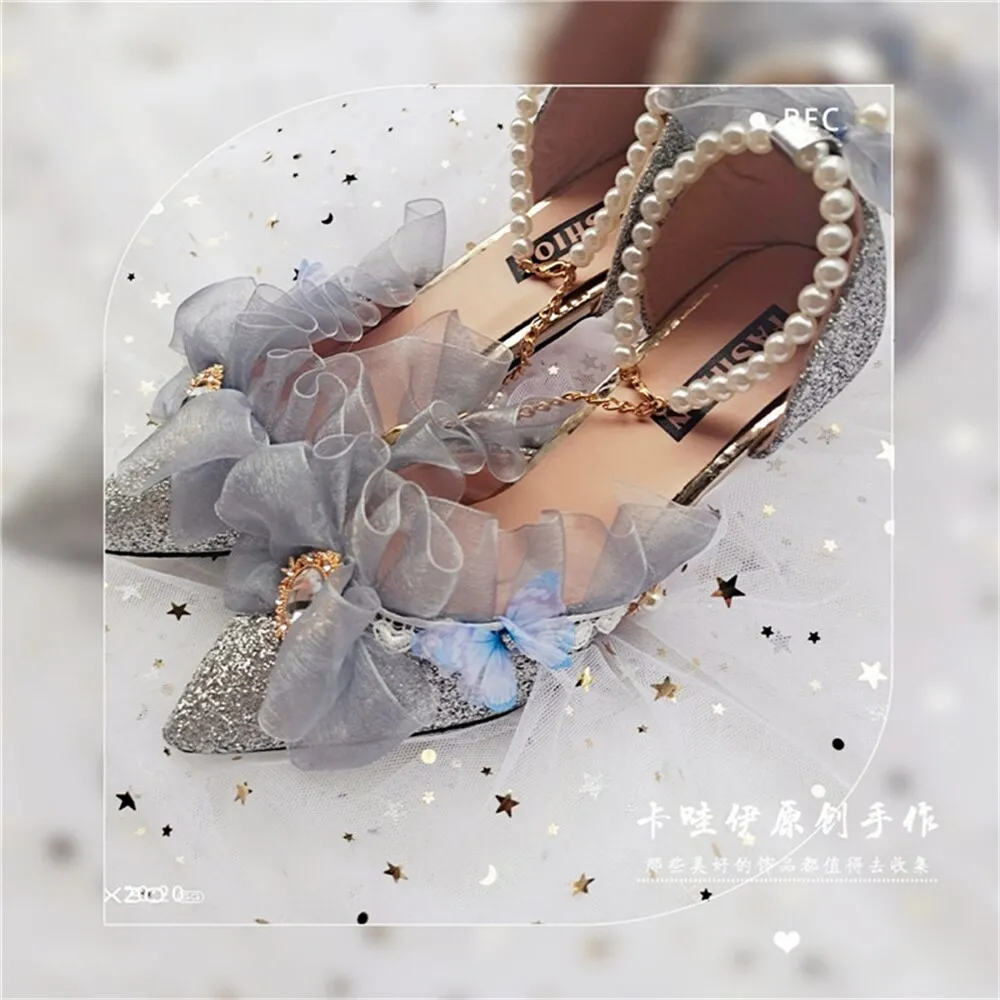 xiangtuibao Kawaii Girl Tea Party Pointed Sandals Mid Heel Victoria Lolita Shoes Elegant Woman Pearl Chain Lace Bowknot Cosplay Lolita Shoes